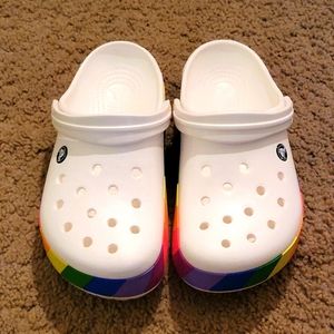 White crocs with colorful soles